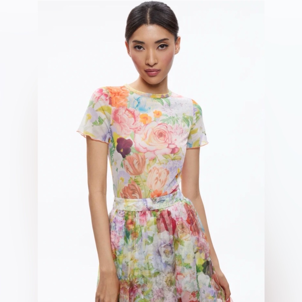 Alice + Olivia Delaina floral mesh short sleeve top, small